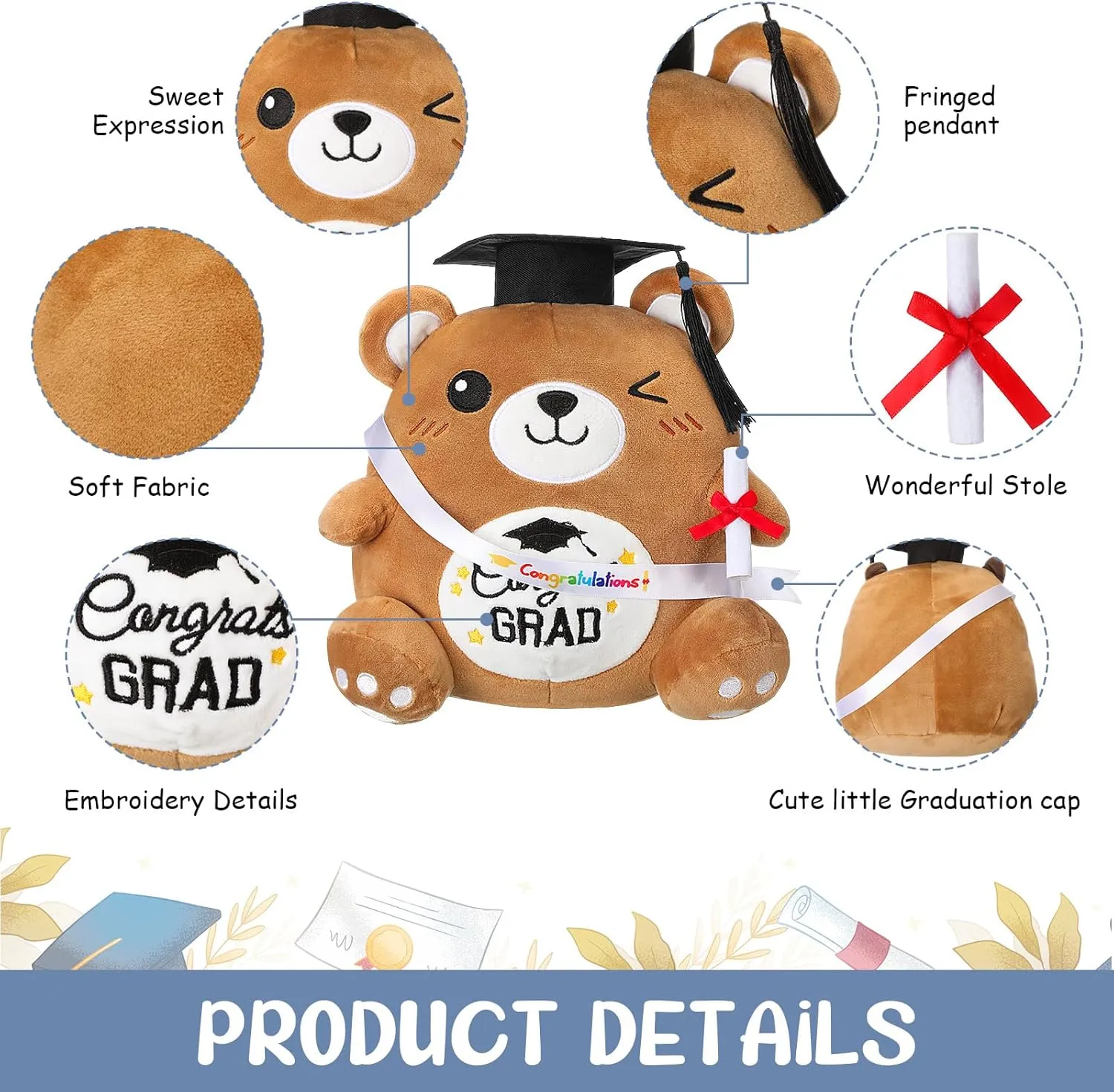 Preschool Graduation Plush 9.84 Inch Graduation Stuffed Animal with Cap Diploma Sash Kindergarten Plushie Pillow Toy Congratulations Grad Gifts for Boys Girls Kids(Bear)