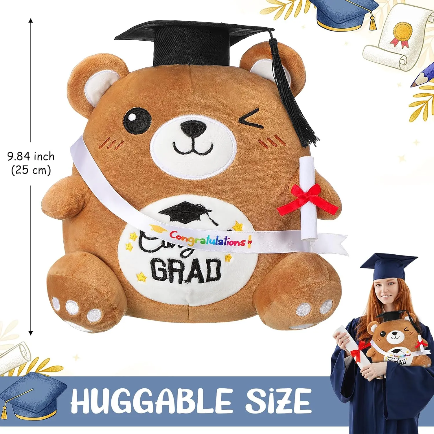 Preschool Graduation Plush 9.84 Inch Graduation Stuffed Animal with Cap Diploma Sash Kindergarten Plushie Pillow Toy Congratulations Grad Gifts for Boys Girls Kids(Bear)