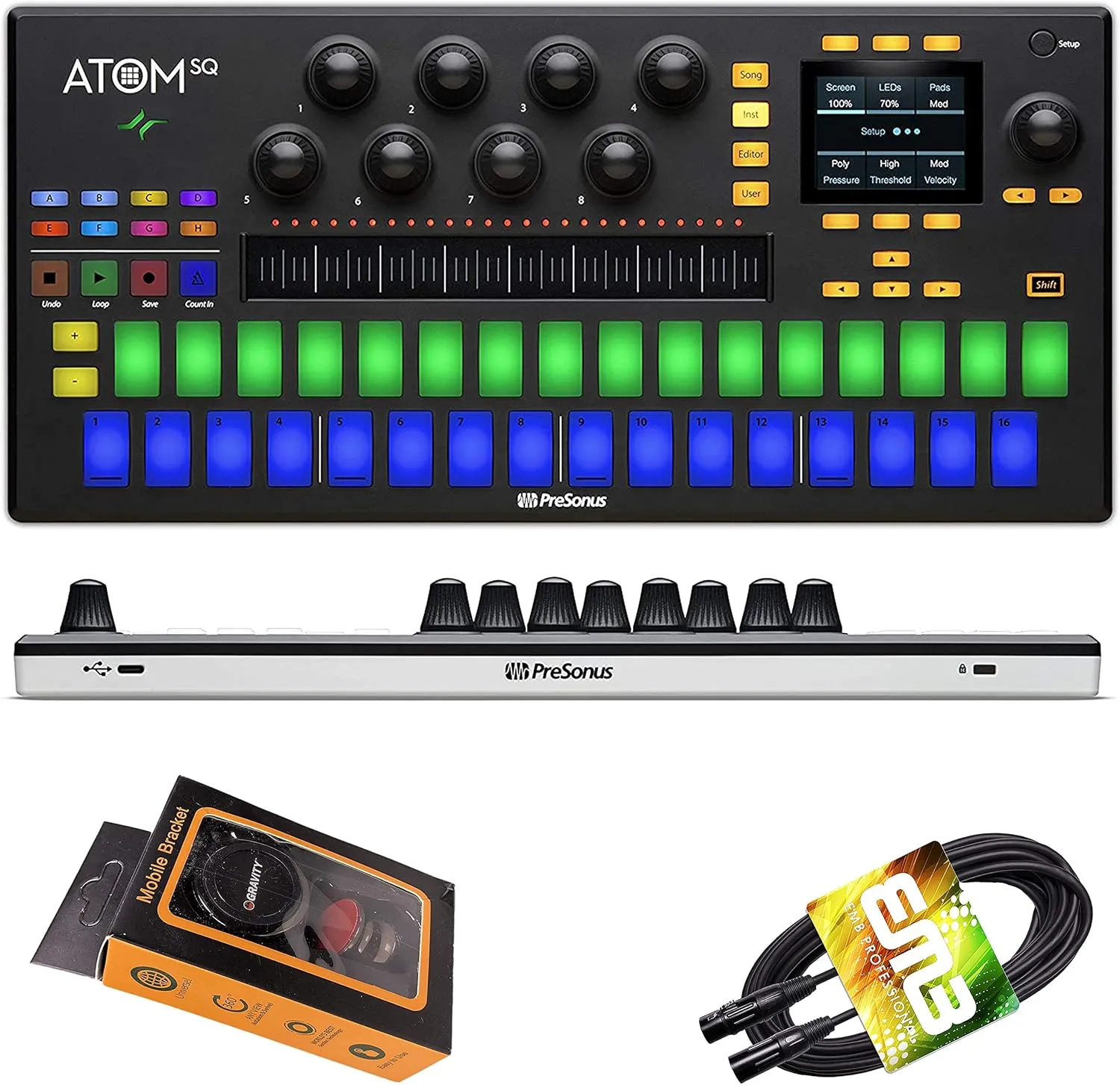PreSonus Atom SQ Keyboard/Pad Hybrid MIDI Keyboard/Pad Performance and Production Controller Hardware Control Surface with 32-Velocity and Gravity Magnet Phone Holder and XLR Cable Bundle