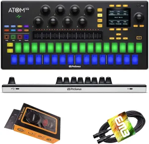 PreSonus Atom SQ Keyboard/Pad Hybrid MIDI Keyboard/Pad Performance and Production Controller Hardware Control Surface with 32-Velocity and Gravity Magnet Phone Holder and XLR Cable Bundle