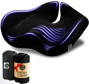 Pressure Relief Seat Cushion for Tailbone Pain – X Large Office Chair Cushion for Butt, Back Pain, Coccyx & Sciatica Pain Relief Pillow. Memory Foam Seat Cushions for Office Chairs. Extra Cover(Black)