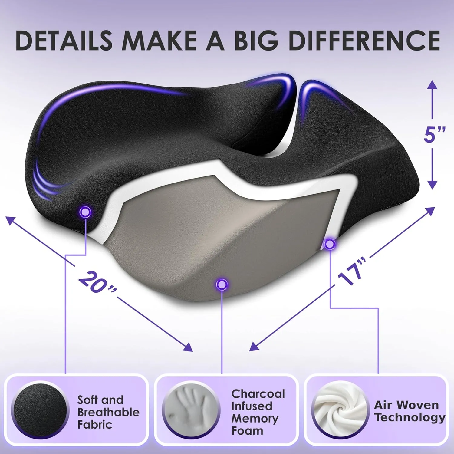 Pressure Relief Seat Cushion for Tailbone Pain – X Large Office Chair Cushion for Butt, Back Pain, Coccyx & Sciatica Pain Relief Pillow. Memory Foam Seat Cushions for Office Chairs. Extra Cover(Black)