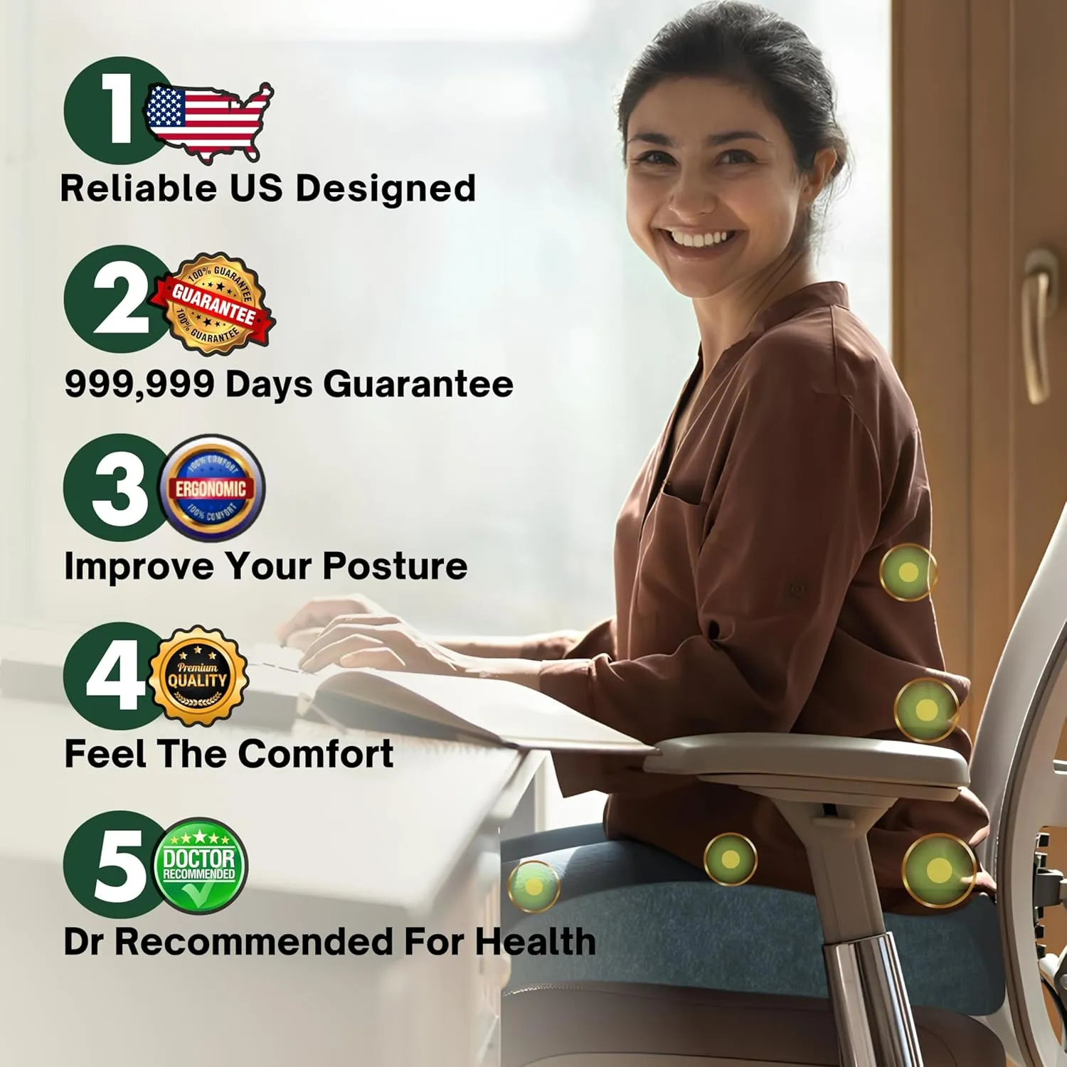 Pressure Relief Seat Cushion for Tailbone Pain – X Large Office Chair Cushion for Butt, Back Pain, Coccyx & Sciatica Pain Relief Pillow. Memory Foam Seat Cushions for Office Chairs. Extra Cover(Green)