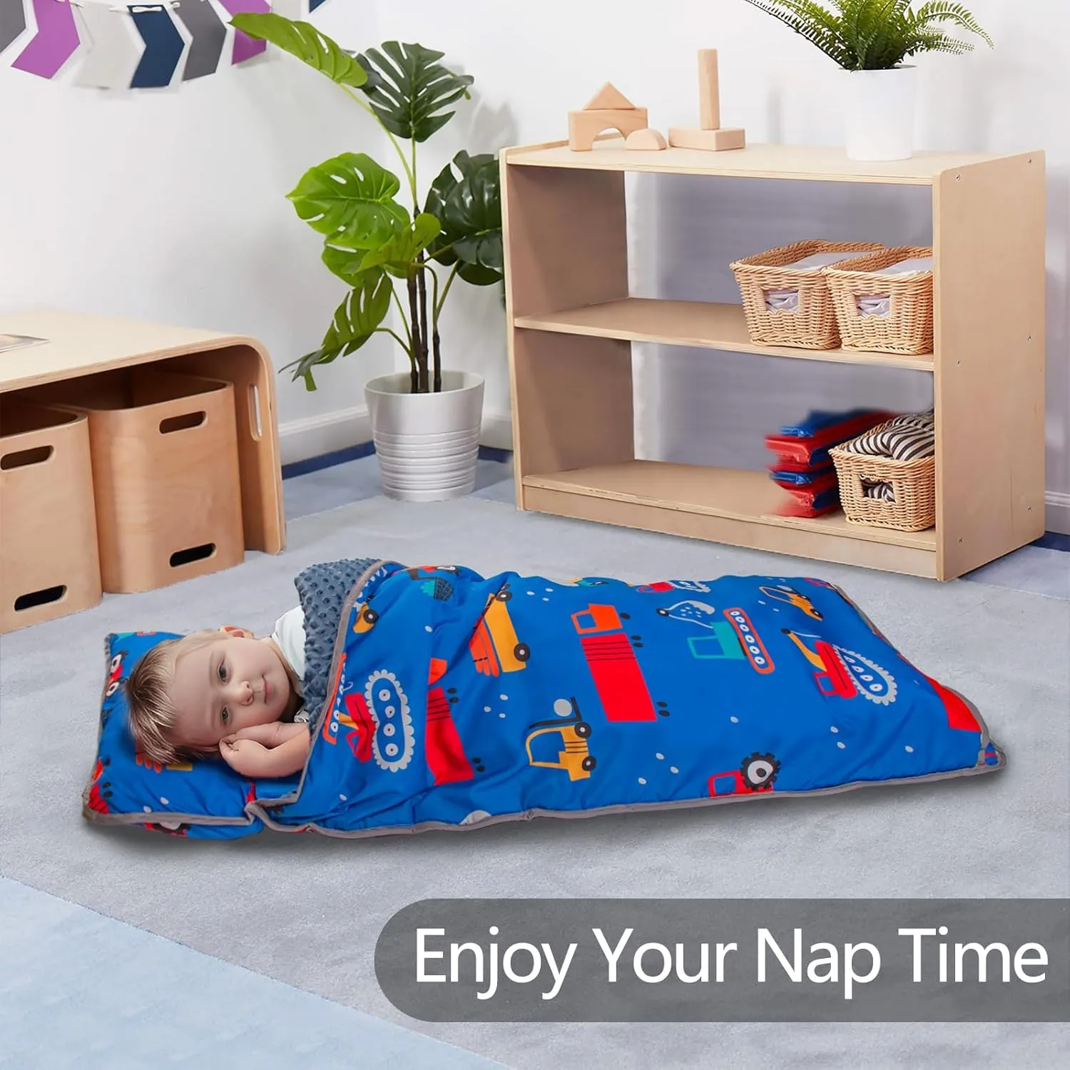 Primlect Toddler Nap Mat with Pillow and Blanket, Extra Large 55''x35'' Sleeping Bag, Washable, Light, Easy to Roll up, Perfect for Daycare, Preschool, Kindergarten, Travel, Boys and Girls (Blue Car)