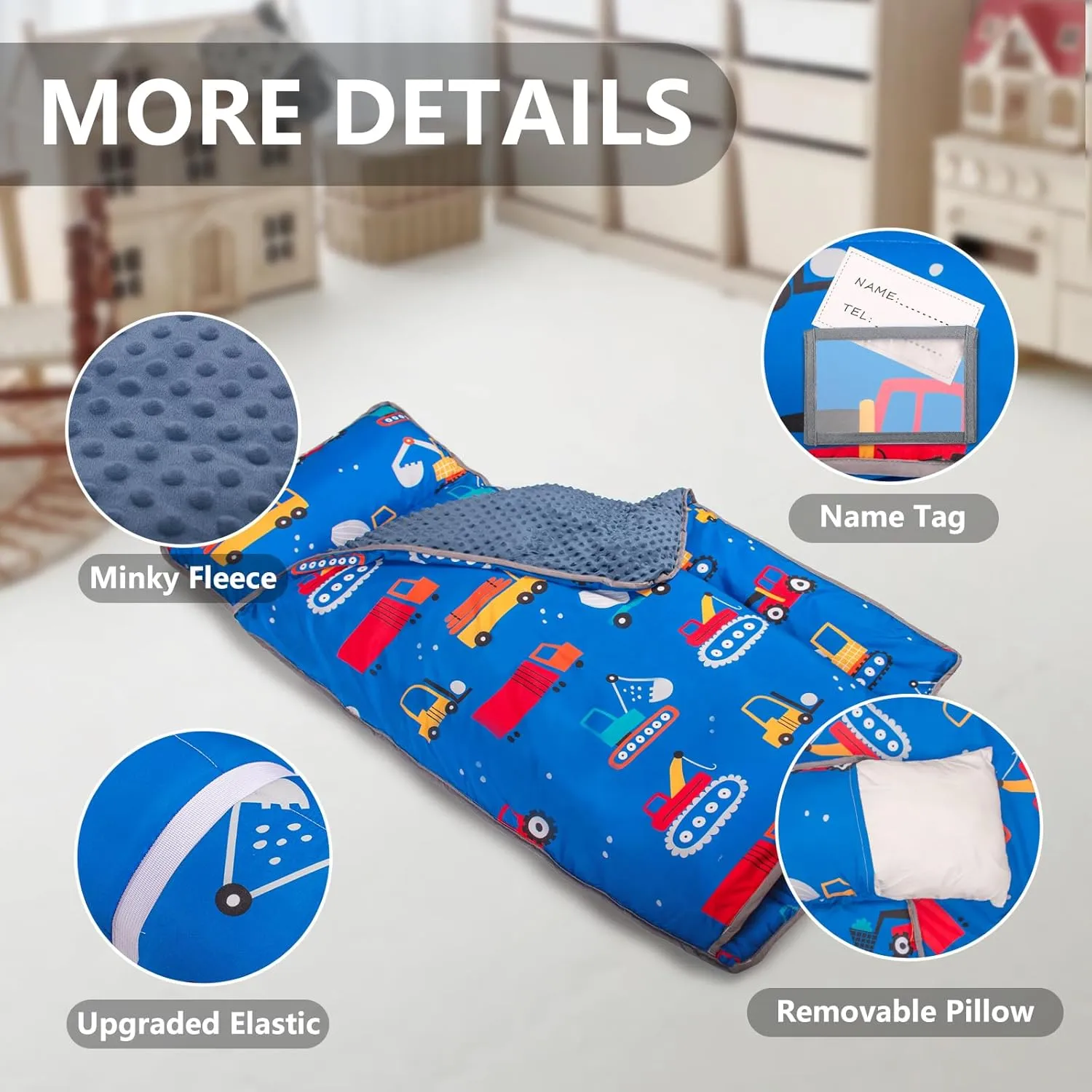 Primlect Toddler Nap Mat with Pillow and Blanket, Extra Large 55''x35'' Sleeping Bag, Washable, Light, Easy to Roll up, Perfect for Daycare, Preschool, Kindergarten, Travel, Boys and Girls (Blue Car)