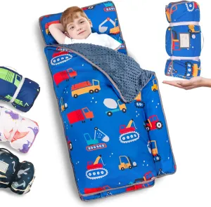 Primlect Toddler Nap Mat with Pillow and Blanket, Extra Large 55''x35'' Sleeping Bag, Washable, Light, Easy to Roll up, Perfect for Daycare, Preschool, Kindergarten, Travel, Boys and Girls (Blue Car)