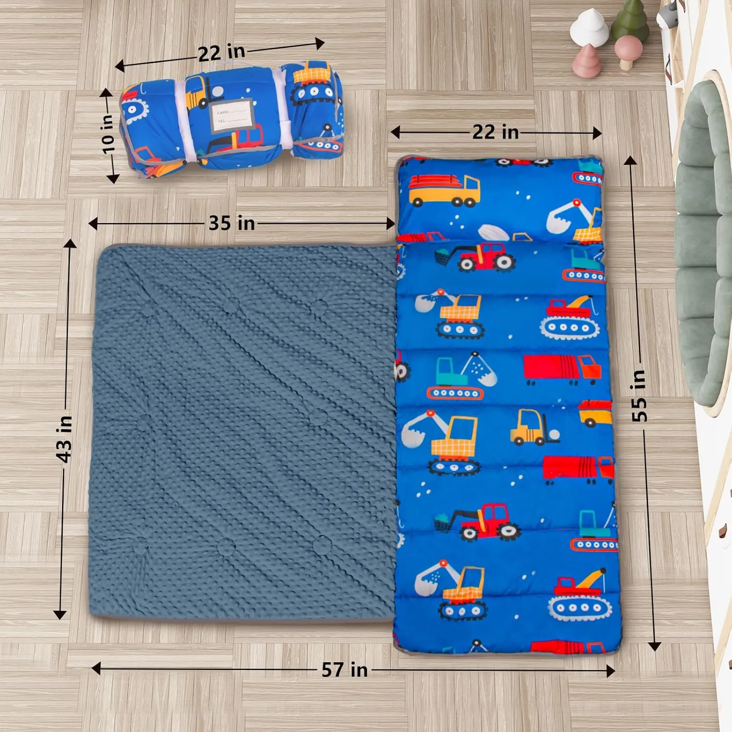 Primlect Toddler Nap Mat with Pillow and Blanket, Extra Large 55''x35'' Sleeping Bag, Washable, Light, Easy to Roll up, Perfect for Daycare, Preschool, Kindergarten, Travel, Boys and Girls (Blue Car)