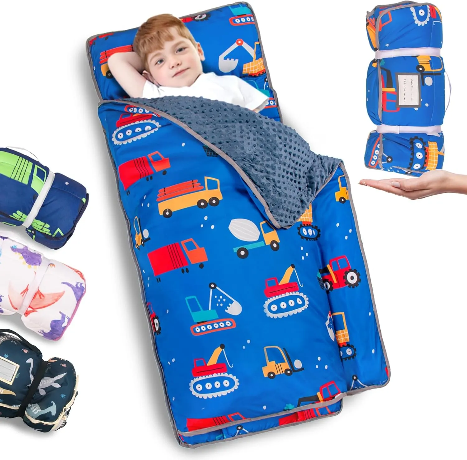 Primlect Toddler Nap Mat with Pillow and Blanket, Extra Large 55''x35'' Sleeping Bag, Washable, Light, Easy to Roll up, Perfect for Daycare, Preschool, Kindergarten, Travel, Boys and Girls (Blue Car)