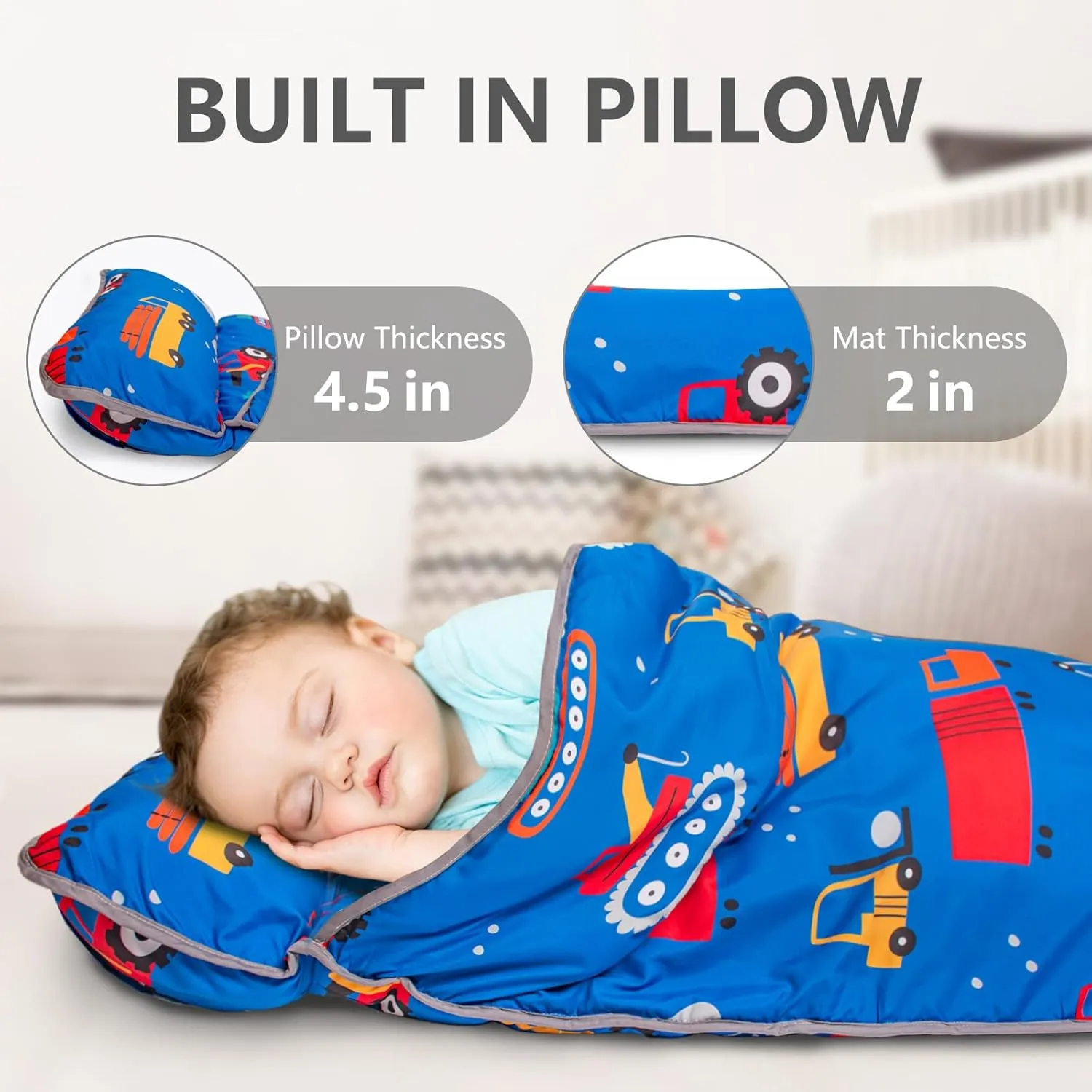 Primlect Toddler Nap Mat with Pillow and Blanket, Extra Large 55''x35'' Sleeping Bag, Washable, Light, Easy to Roll up, Perfect for Daycare, Preschool, Kindergarten, Travel, Boys and Girls (Blue Car)