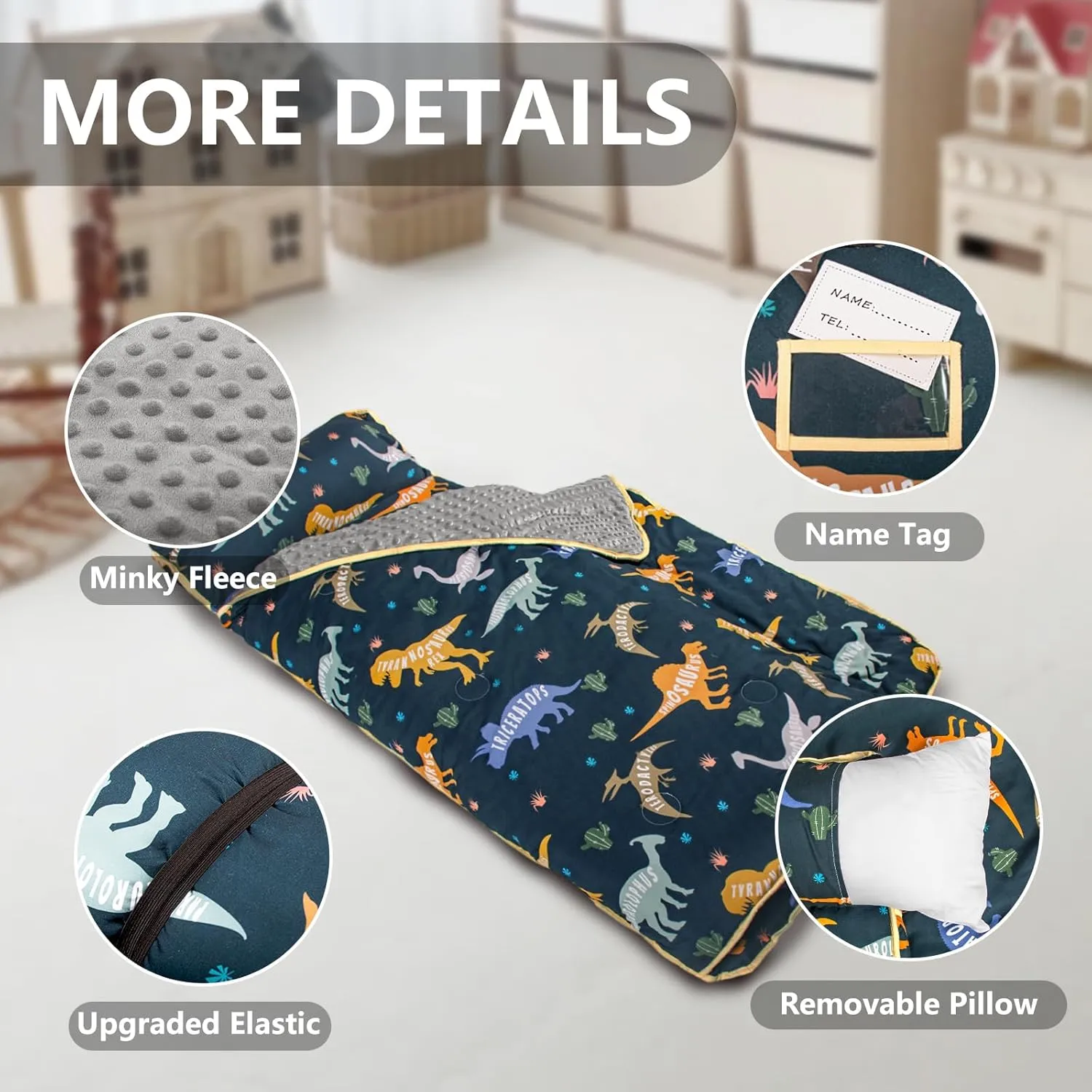 Primlect Toddler Nap Mat with Pillow and Blanket, Extra Large 55''x35'' Sleeping Bag, Washable, Light, Easy to Roll up, Perfect for Daycare, Preschool, Kindergarten, Travel, Boys and Girls (Dinosaur)
