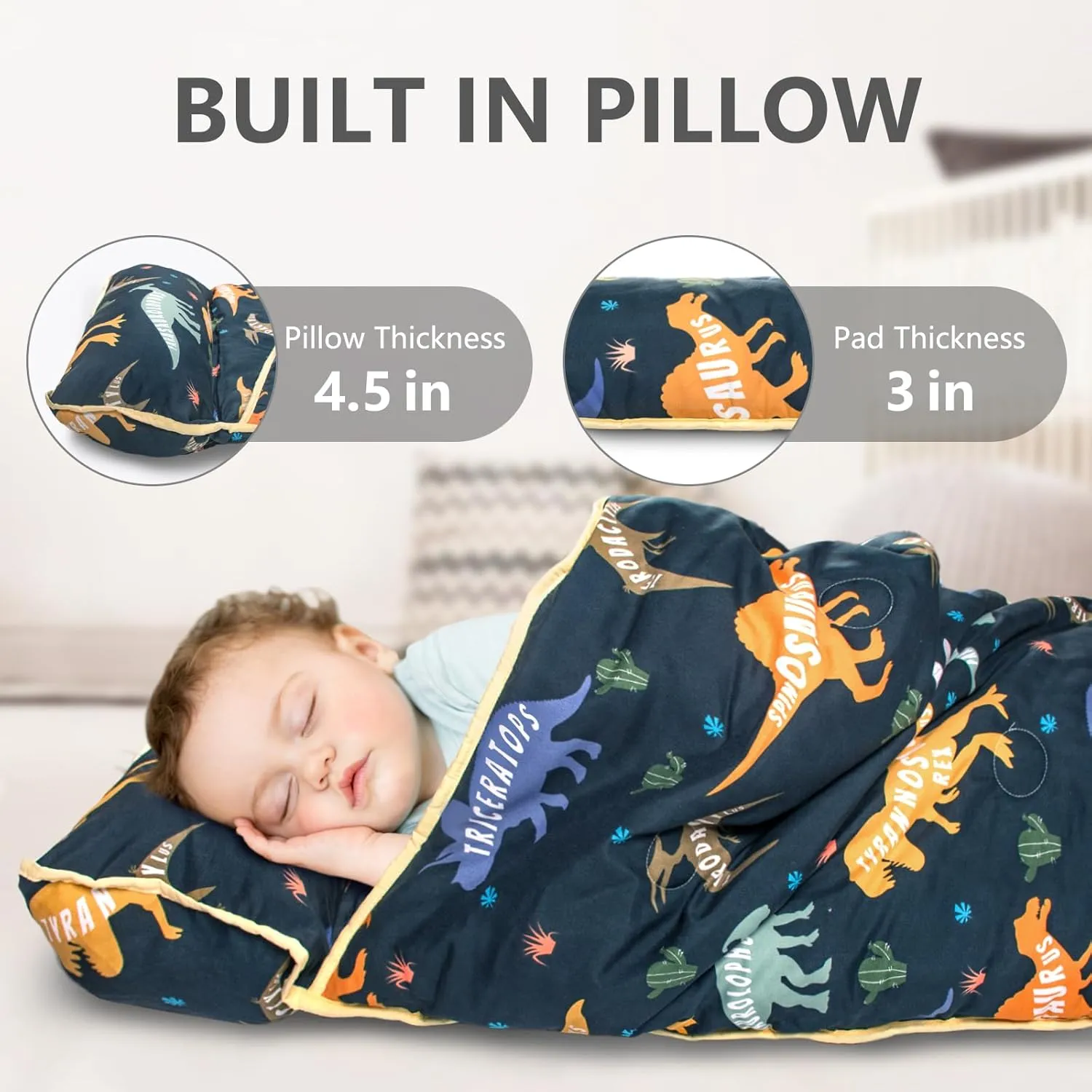 Primlect Toddler Nap Mat with Pillow and Blanket, Extra Large 55''x35'' Sleeping Bag, Washable, Light, Easy to Roll up, Perfect for Daycare, Preschool, Kindergarten, Travel, Boys and Girls (Dinosaur)