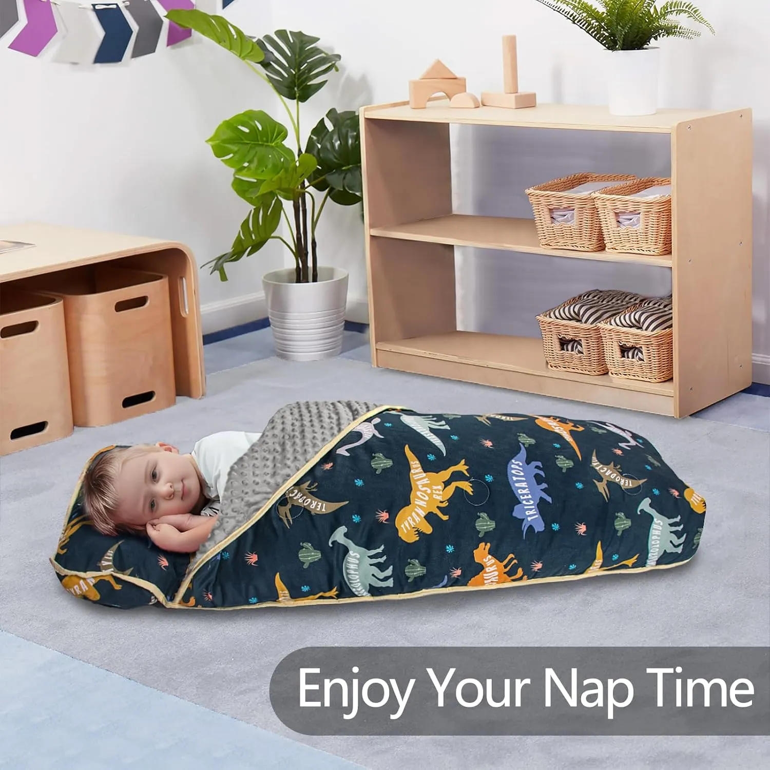 Primlect Toddler Nap Mat with Pillow and Blanket, Extra Large 55''x35'' Sleeping Bag, Washable, Light, Easy to Roll up, Perfect for Daycare, Preschool, Kindergarten, Travel, Boys and Girls (Dinosaur)