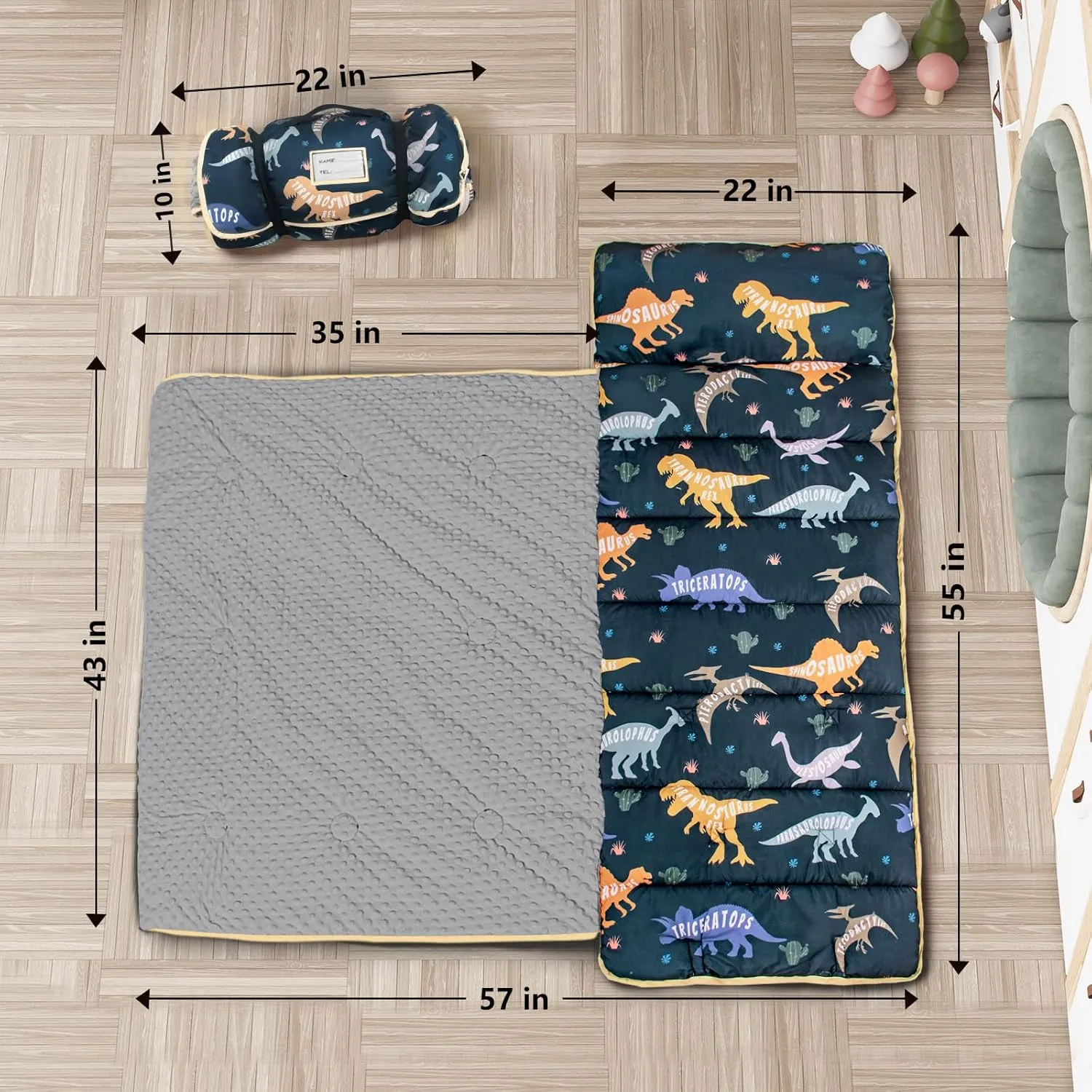 Primlect Toddler Nap Mat with Pillow and Blanket, Extra Large 55''x35'' Sleeping Bag, Washable, Light, Easy to Roll up, Perfect for Daycare, Preschool, Kindergarten, Travel, Boys and Girls (Dinosaur)
