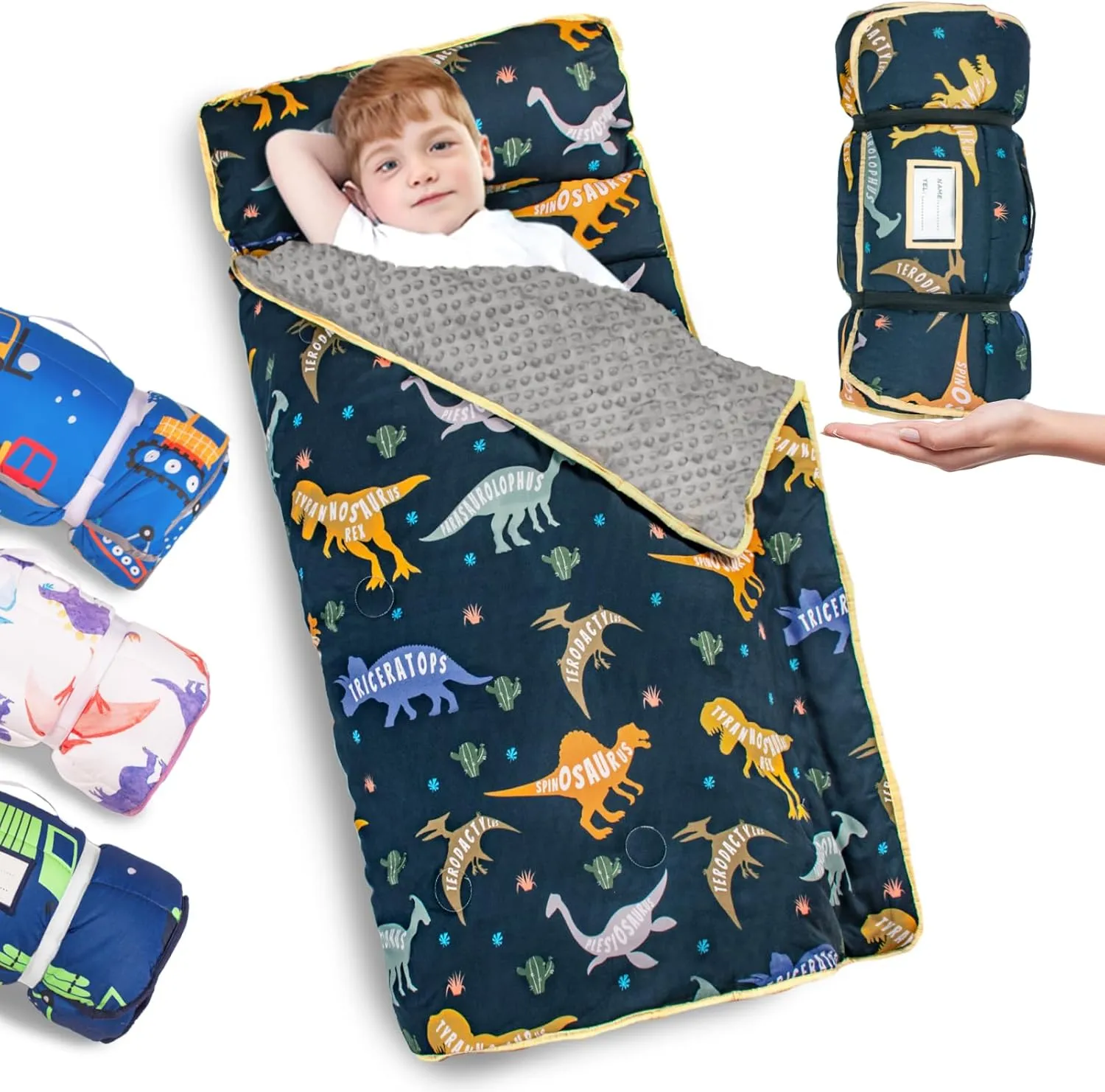 Primlect Toddler Nap Mat with Pillow and Blanket, Extra Large 55''x35'' Sleeping Bag, Washable, Light, Easy to Roll up, Perfect for Daycare, Preschool, Kindergarten, Travel, Boys and Girls (Dinosaur)