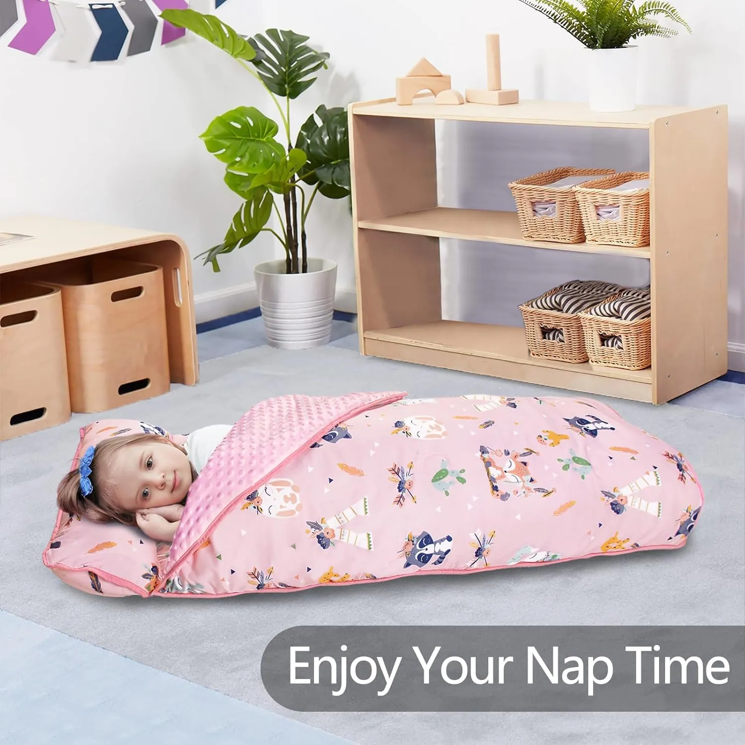 Primlect Toddler Nap Mat with Pillow and Blanket, Extra Large 55''x35'' Sleeping Bag, Washable, Light, Easy to Roll up, Perfect for Daycare, Preschool, Kindergarten, Travel, Boys and Girls (Fox)