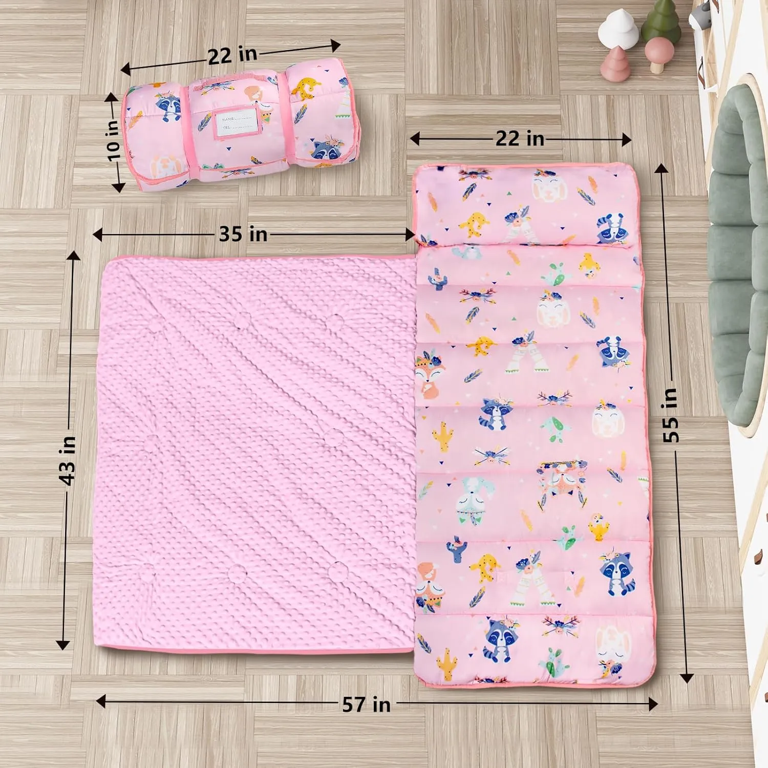 Primlect Toddler Nap Mat with Pillow and Blanket, Extra Large 55''x35'' Sleeping Bag, Washable, Light, Easy to Roll up, Perfect for Daycare, Preschool, Kindergarten, Travel, Boys and Girls (Fox)