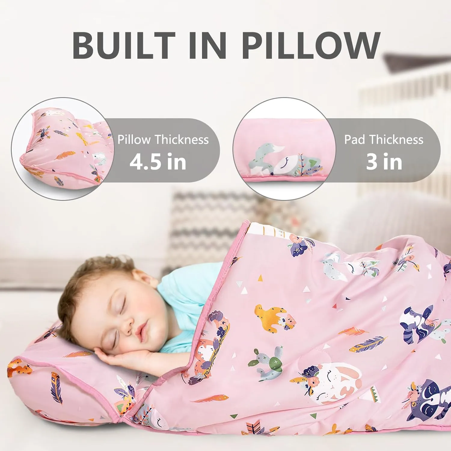 Primlect Toddler Nap Mat with Pillow and Blanket, Extra Large 55''x35'' Sleeping Bag, Washable, Light, Easy to Roll up, Perfect for Daycare, Preschool, Kindergarten, Travel, Boys and Girls (Fox)
