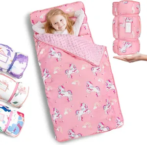 Primlect Toddler Nap Mat with Pillow and Blanket, Extra Large 55''x35'' Sleeping Bag, Washable, Light, Easy to Roll up, Perfect for Daycare, Preschool, Kindergarten, Travel, Boys and Girls (Unicorn)