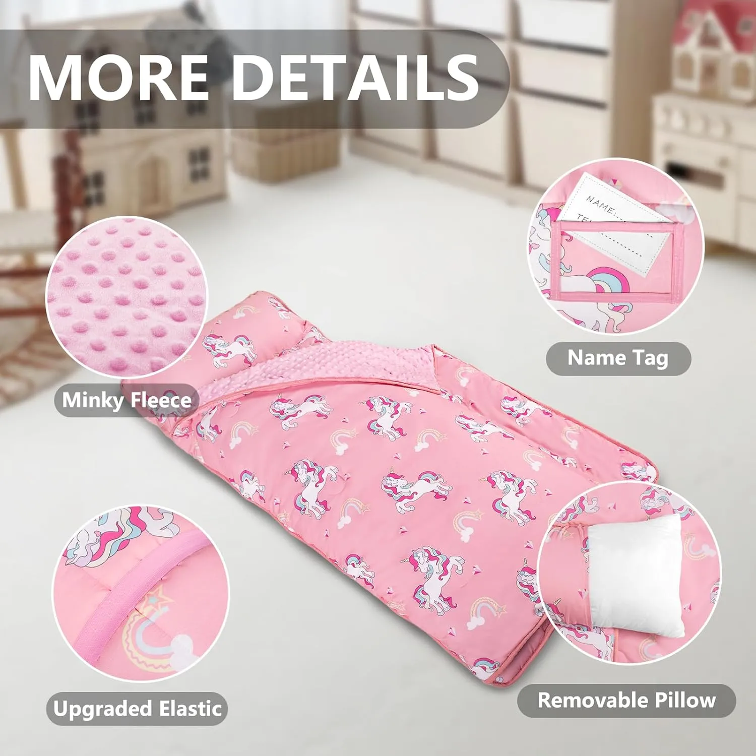 Primlect Toddler Nap Mat with Pillow and Blanket, Extra Large 55''x35'' Sleeping Bag, Washable, Light, Easy to Roll up, Perfect for Daycare, Preschool, Kindergarten, Travel, Boys and Girls (Unicorn)