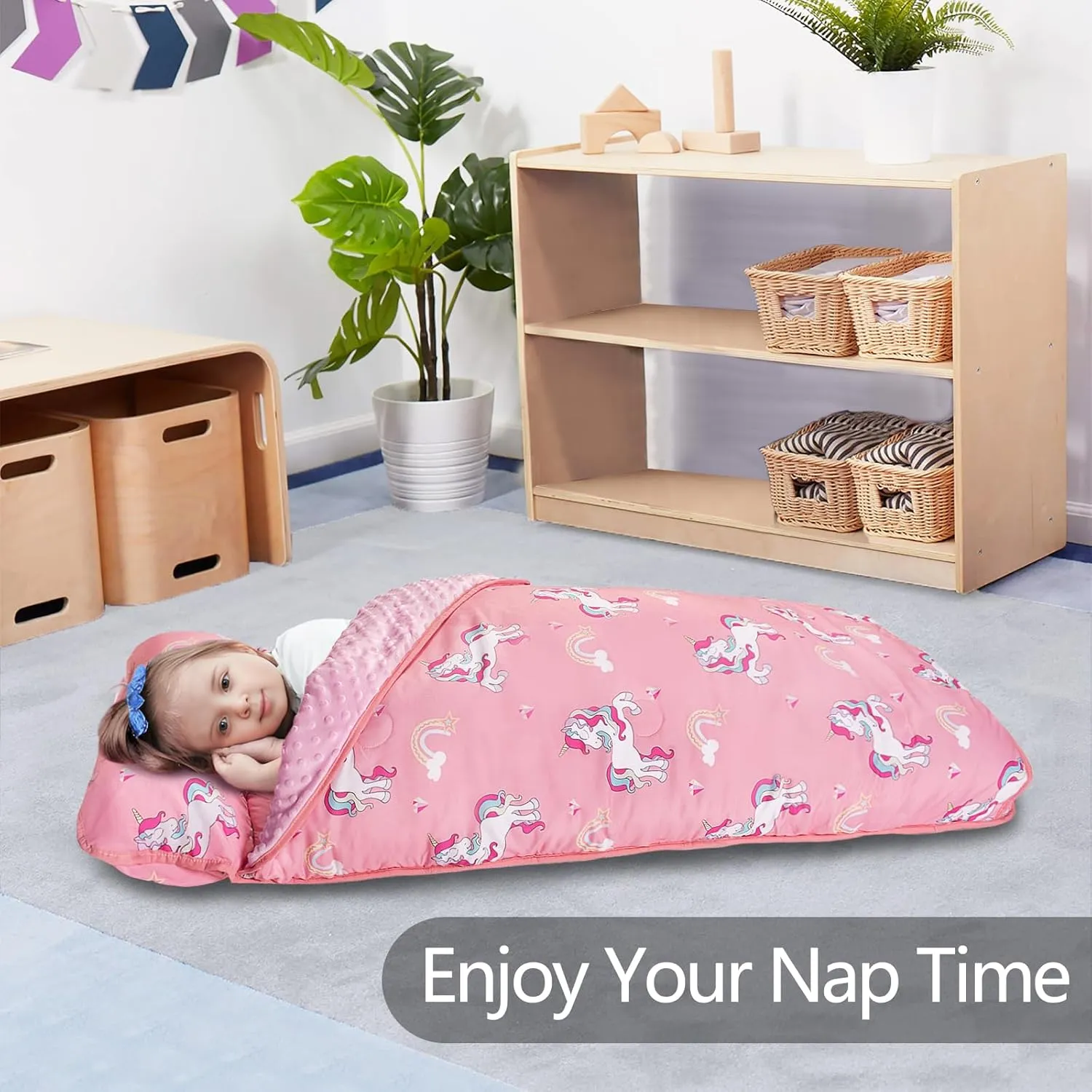 Primlect Toddler Nap Mat with Pillow and Blanket, Extra Large 55''x35'' Sleeping Bag, Washable, Light, Easy to Roll up, Perfect for Daycare, Preschool, Kindergarten, Travel, Boys and Girls (Unicorn)