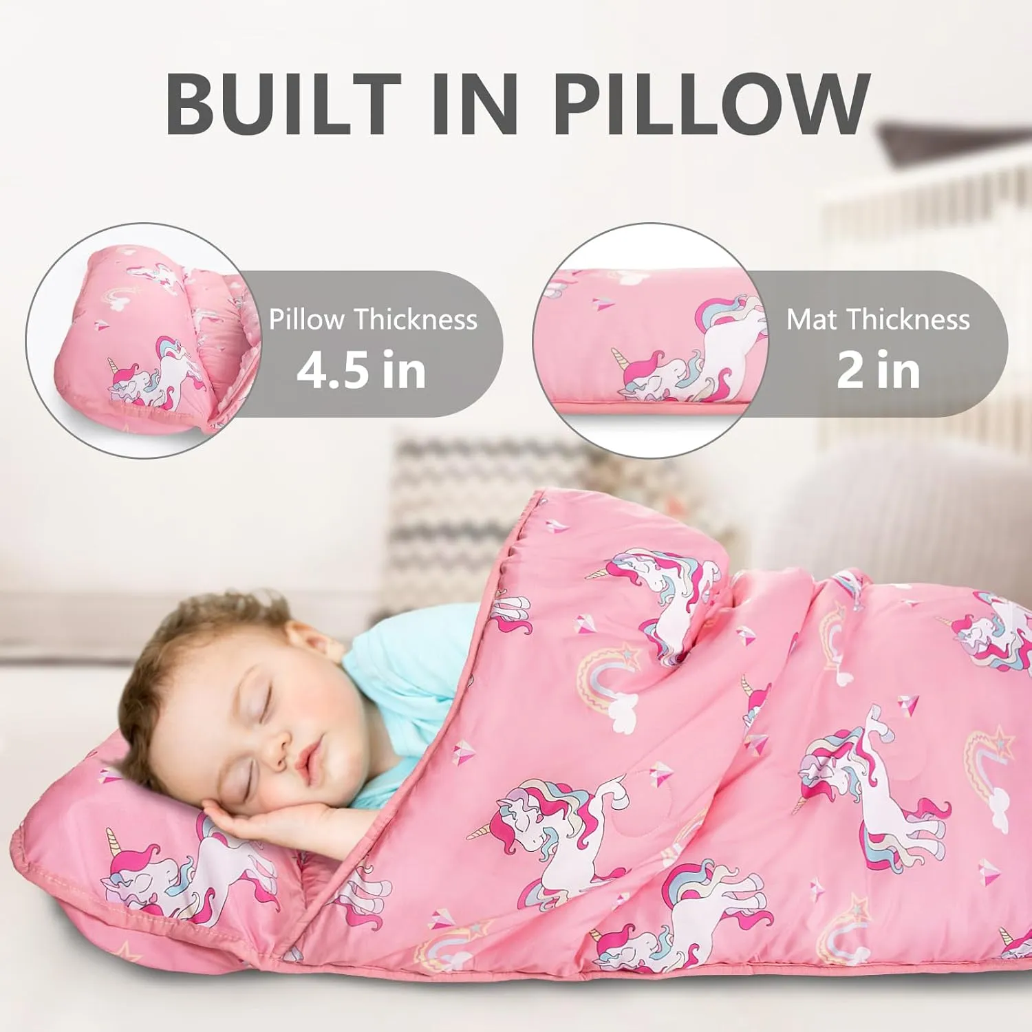 Primlect Toddler Nap Mat with Pillow and Blanket, Extra Large 55''x35'' Sleeping Bag, Washable, Light, Easy to Roll up, Perfect for Daycare, Preschool, Kindergarten, Travel, Boys and Girls (Unicorn)