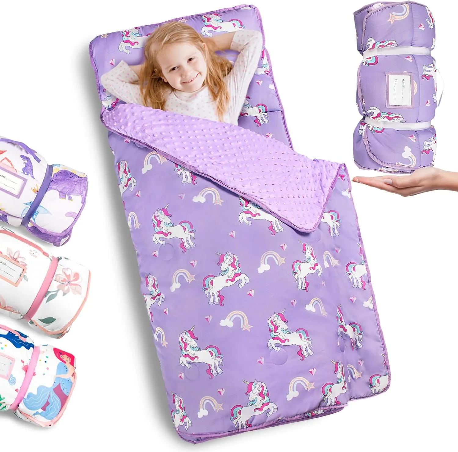 Primlect Toddler Nap Mat with Pillow and Blanket, Extra Large 55''x35'' Sleeping Bag, Washable, Light, Easy to Roll up, Perfect for Daycare, Preschool, Kindergarten, Travel, Boys and Girls (Unicorn)