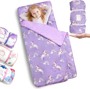 Primlect Toddler Nap Mat with Pillow and Blanket, Extra Large 55''x35'' Sleeping Bag, Washable, Light, Easy to Roll up, Perfect for Daycare, Preschool, Kindergarten, Travel, Boys and Girls (Unicorn)