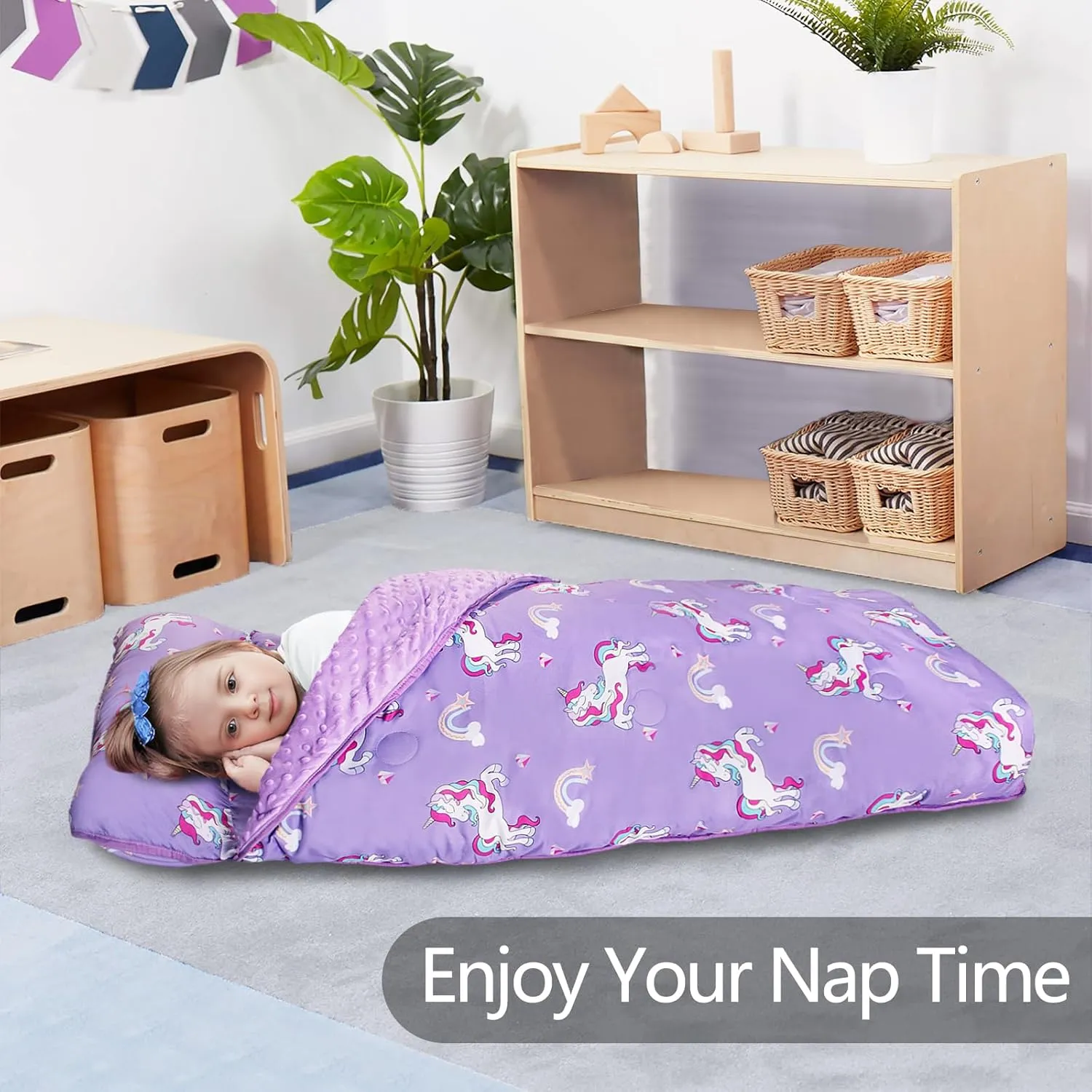 Primlect Toddler Nap Mat with Pillow and Blanket, Extra Large 55''x35'' Sleeping Bag, Washable, Light, Easy to Roll up, Perfect for Daycare, Preschool, Kindergarten, Travel, Boys and Girls (Unicorn)