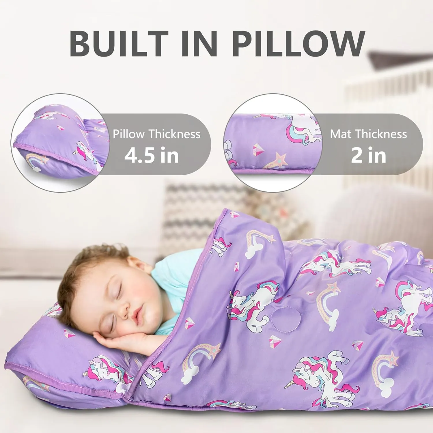 Primlect Toddler Nap Mat with Pillow and Blanket, Extra Large 55''x35'' Sleeping Bag, Washable, Light, Easy to Roll up, Perfect for Daycare, Preschool, Kindergarten, Travel, Boys and Girls (Unicorn)