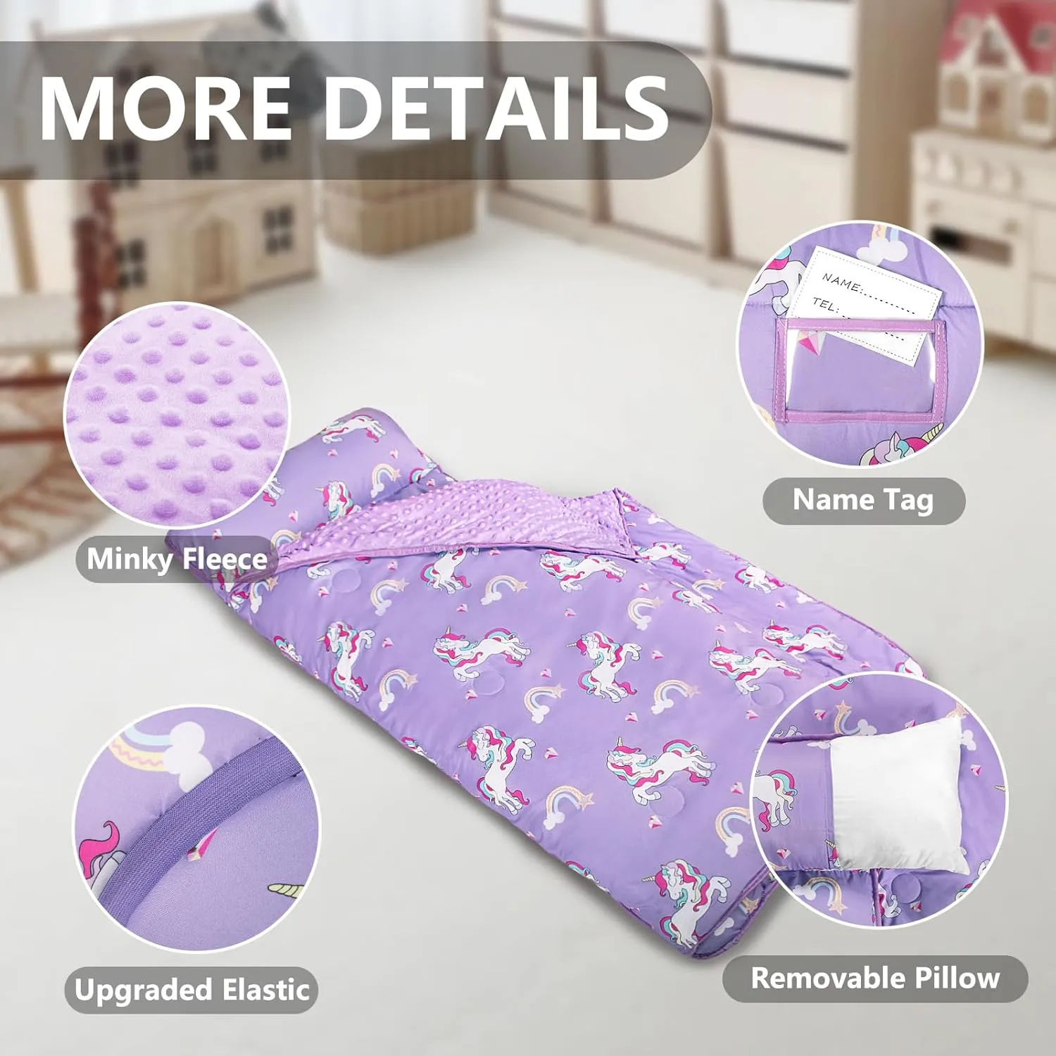 Primlect Toddler Nap Mat with Pillow and Blanket, Extra Large 55''x35'' Sleeping Bag, Washable, Light, Easy to Roll up, Perfect for Daycare, Preschool, Kindergarten, Travel, Boys and Girls (Unicorn)