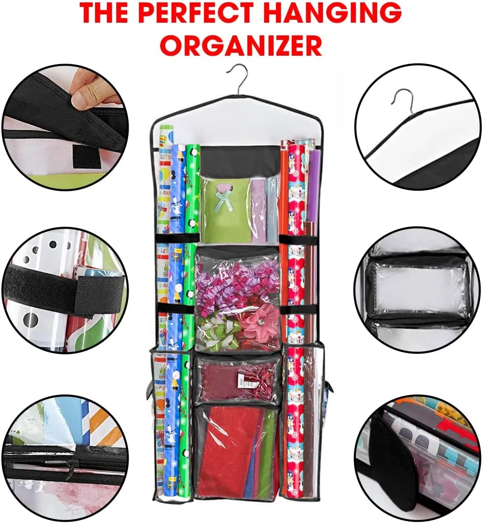 Primode Wrapping Paper Storage Hanging Over The Door Wrapping Paper Organizer Store Gift Wrap Gift Bags Ribbon Bows and Accessories 40”x17” Fits Long 40 Inch Rolls Double Sided Bag (Black Seam)