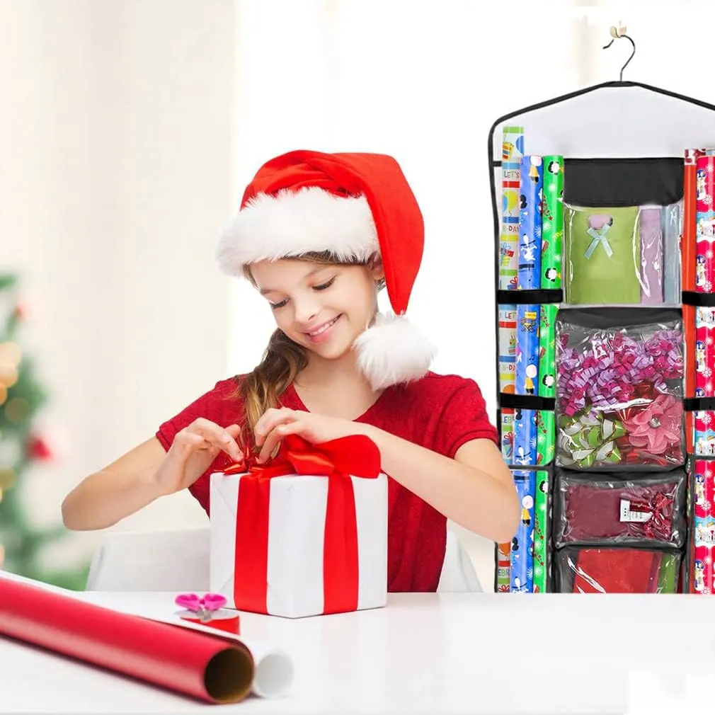 Primode Wrapping Paper Storage Hanging Over The Door Wrapping Paper Organizer Store Gift Wrap Gift Bags Ribbon Bows and Accessories 40”x17” Fits Long 40 Inch Rolls Double Sided Bag (Black Seam)