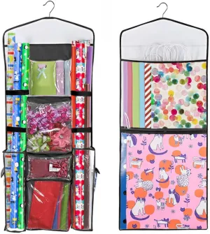 Primode Wrapping Paper Storage Hanging Over The Door Wrapping Paper Organizer Store Gift Wrap Gift Bags Ribbon Bows and Accessories 40”x17” Fits Long 40 Inch Rolls Double Sided Bag (Black Seam)