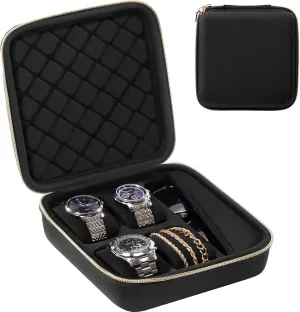 ProCase Travel Watch Case, 4 Slots Hard Shell Storage Box for Watch Glasses Accessories, Zippered Organizer Bag for Women Man -Black