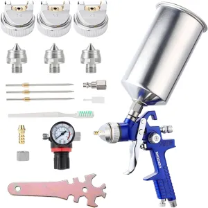 Professional HVLP Gravity Feed Air Spray Gun Set with 1.4 1.7 2.0mm Nozzles, Paint Gun with 1000cc Aluminum Cup for Auto Paint, Wall Painting, Base Coatings