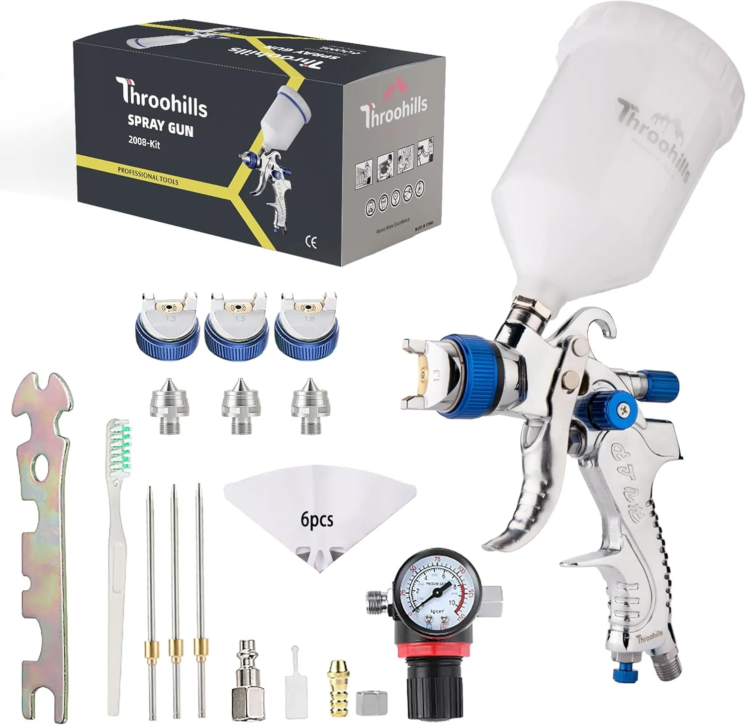 Professional HVLP Spray Gun, 1.3/1.5/1.8mm Nozzle HVLP High Atomization Flow Adjustable Pneumatic Gravity Spray Gun with 1000cc Aluminum Cup & Gauge for Paint Touch-Up(Blue)