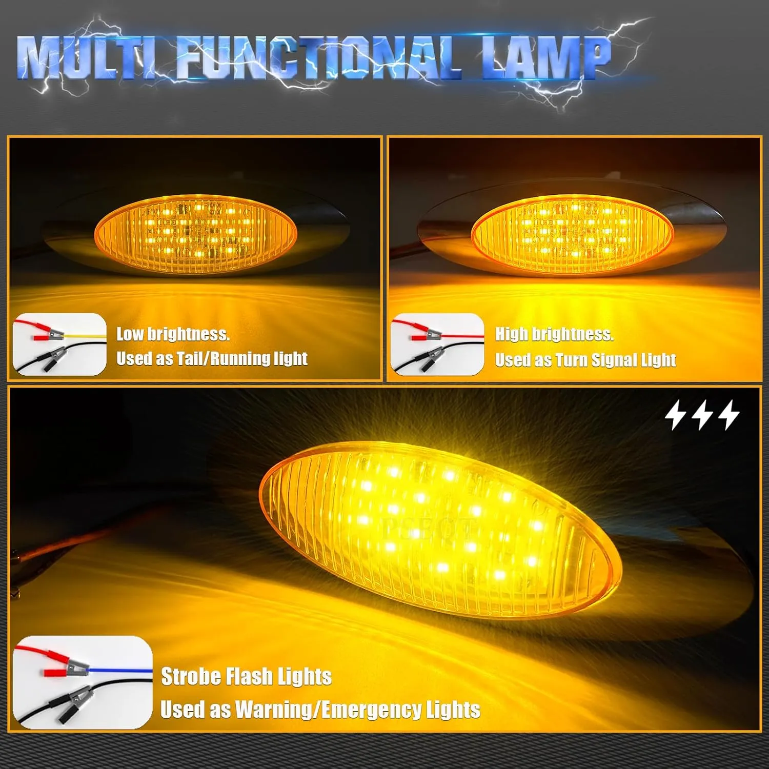 PSEQT 6.5'' Strobe Flash High/Low Lights Amber 3 Function Trailer LED Side Clearance Tail Marker Oval Lights 16LED Turn Signal Running Warining Lamp Waterproof for Truck Pickup Caravan RV Bus, 5Pcs