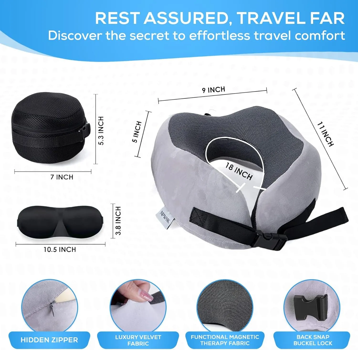 Pure Memory Foam Travel Pillow | Ergonomic Neck Pillow for Airplanes, Cars, & Home | Includes Compact Travel Bag & 3D Eye Mask for Ultimate Comfort, Ideal for Sleeping (Light Grey)