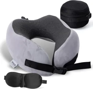 Pure Memory Foam Travel Pillow | Ergonomic Neck Pillow for Airplanes, Cars, & Home | Includes Compact Travel Bag & 3D Eye Mask for Ultimate Comfort, Ideal for Sleeping (Light Grey)