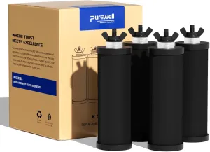 Purewell PF-3 Black 3-Stage Composite Purification Elements, Replacement Filters for ProOne® and Berkey® Filters, ProOne® or Berkey® Big  Water Filter System and Purewell System (4 Pack, K Series)