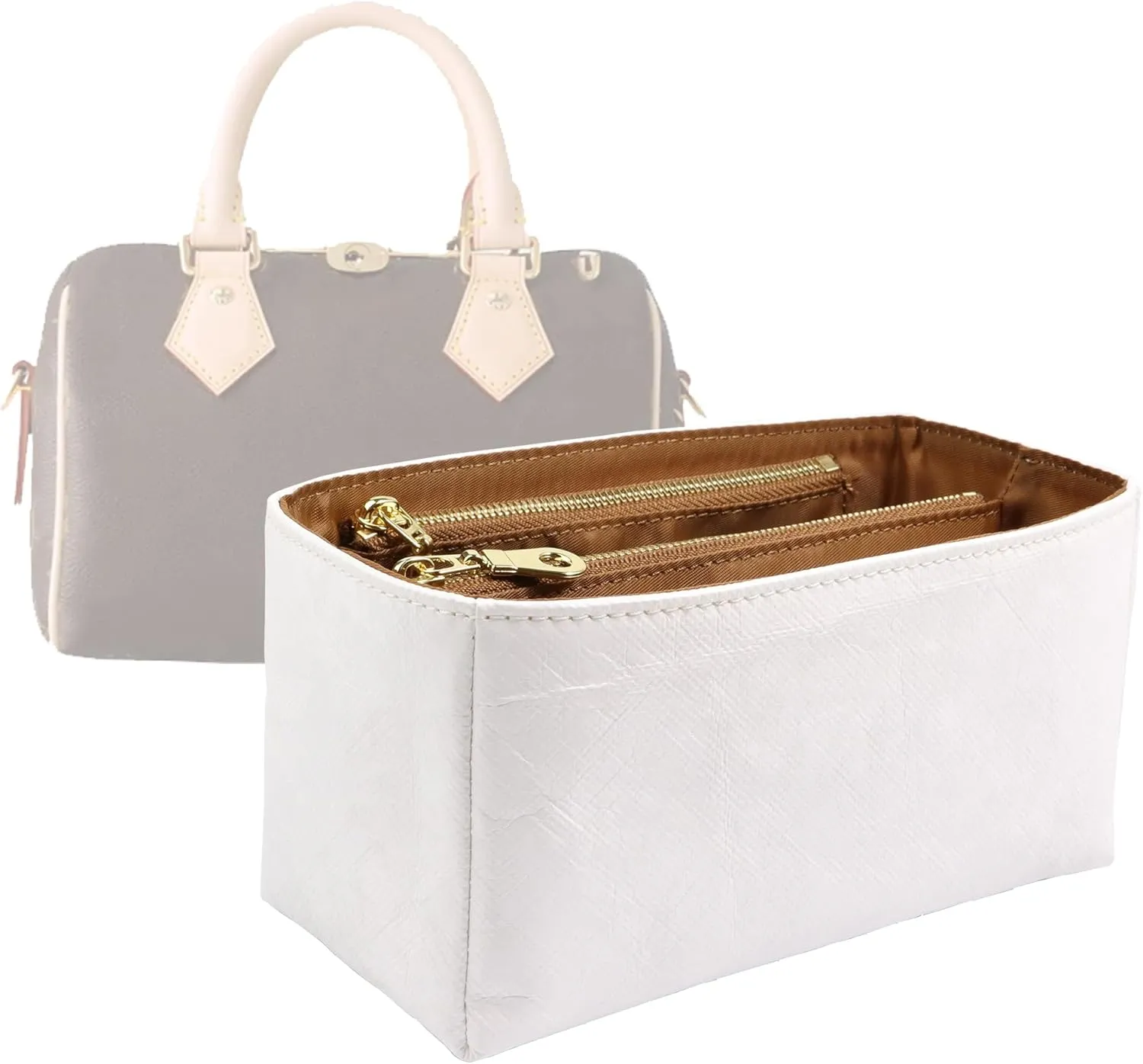 Purse Organizer Insert for handbag，Dupont paper Ultra-Light weight Bag Organizer Insert for LV Speedy 20 Waterproof (Small-white brown)
