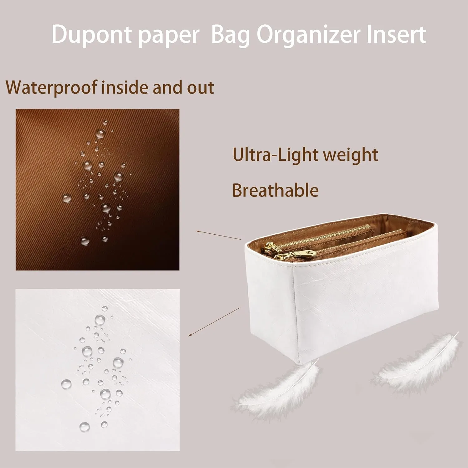 Purse Organizer Insert for handbag，Dupont paper Ultra-Light weight Bag Organizer Insert for LV Speedy 20 Waterproof (Small-white brown)