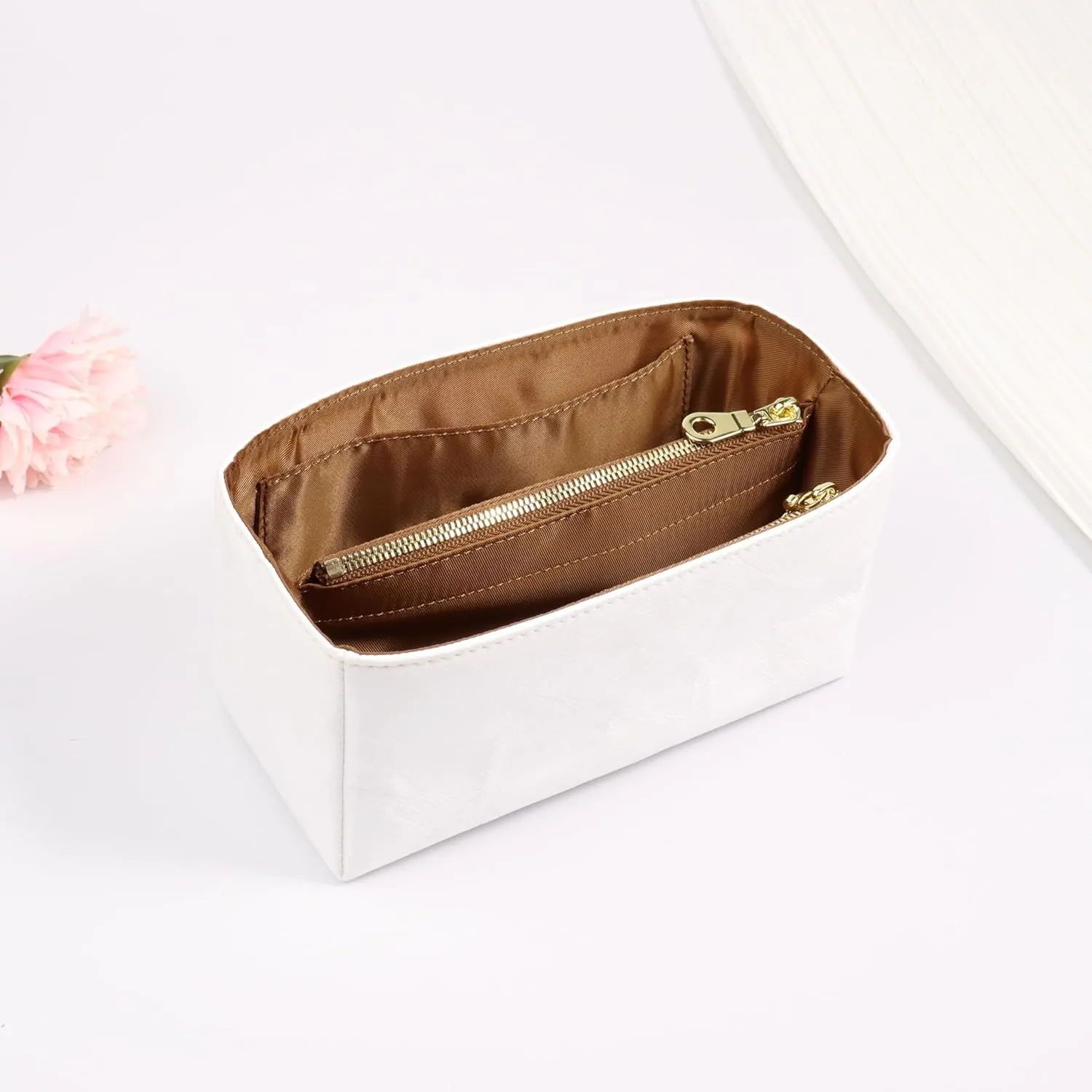 Purse Organizer Insert for handbag，Dupont paper Ultra-Light weight Bag Organizer Insert for LV Speedy 20 Waterproof (Small-white brown)