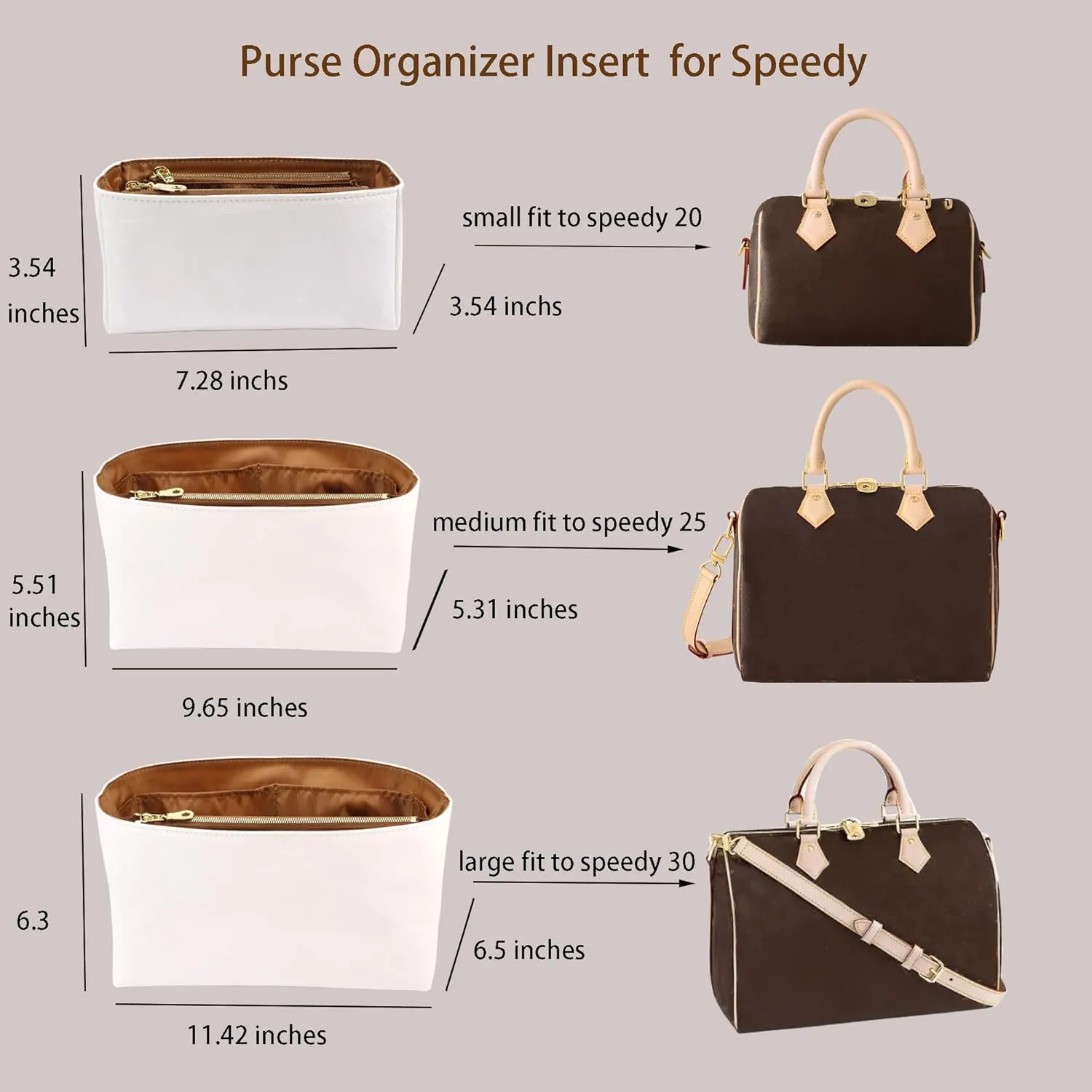 Purse Organizer Insert for handbag，Dupont paper Ultra-Light weight Bag Organizer Insert for LV Speedy 20 Waterproof (Small-white brown)