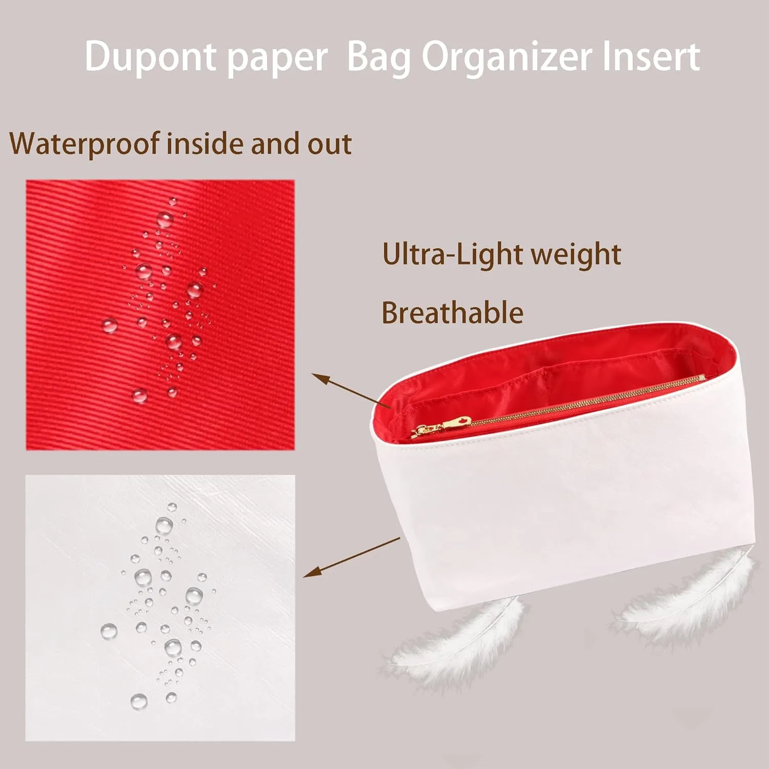 Purse Organizer Insert for handbag，Dupont paper Ultra-Light weight Bag Organizer Insert for LV Speedy 30 Waterproof (Large-white red)