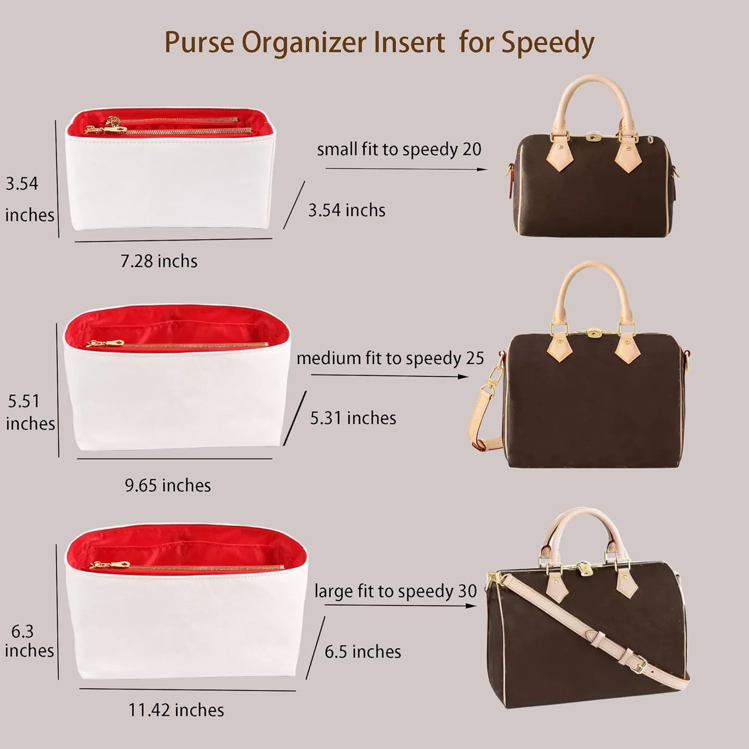 Purse Organizer Insert for handbag，Dupont paper Ultra-Light weight Bag Organizer Insert for LV Speedy 30 Waterproof (Large-white red)