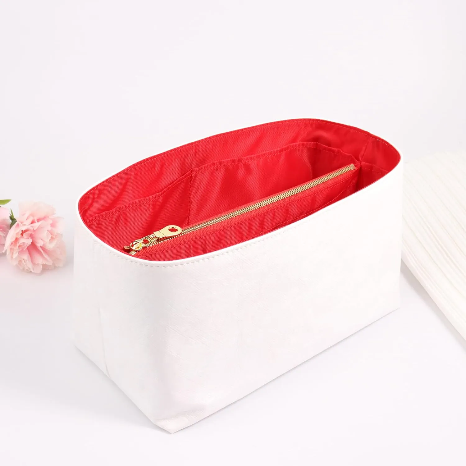 Purse Organizer Insert for handbag，Dupont paper Ultra-Light weight Bag Organizer Insert for LV Speedy 30 Waterproof (Large-white red)