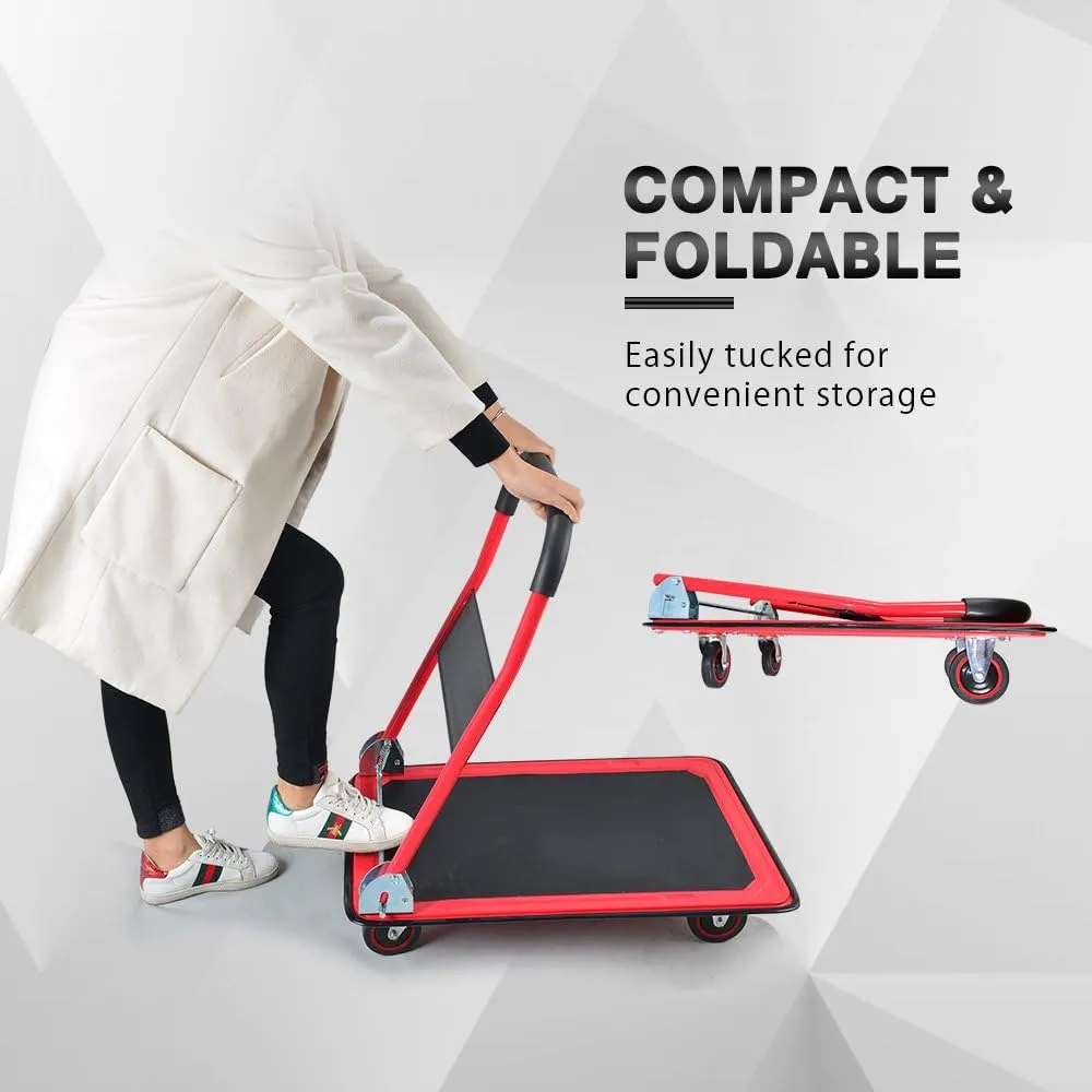 Push Cart Dolly by Wellmax, Moving Platform Hand Truck, Foldable for Easy Storage and 360 Degree Swivel Wheels with 330lb Weight Capacity, Red Color