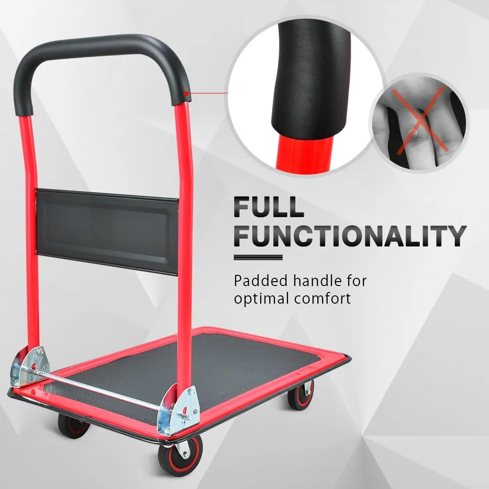 Push Cart Dolly by Wellmax, Moving Platform Hand Truck, Foldable for Easy Storage and 360 Degree Swivel Wheels with 330lb Weight Capacity, Red Color