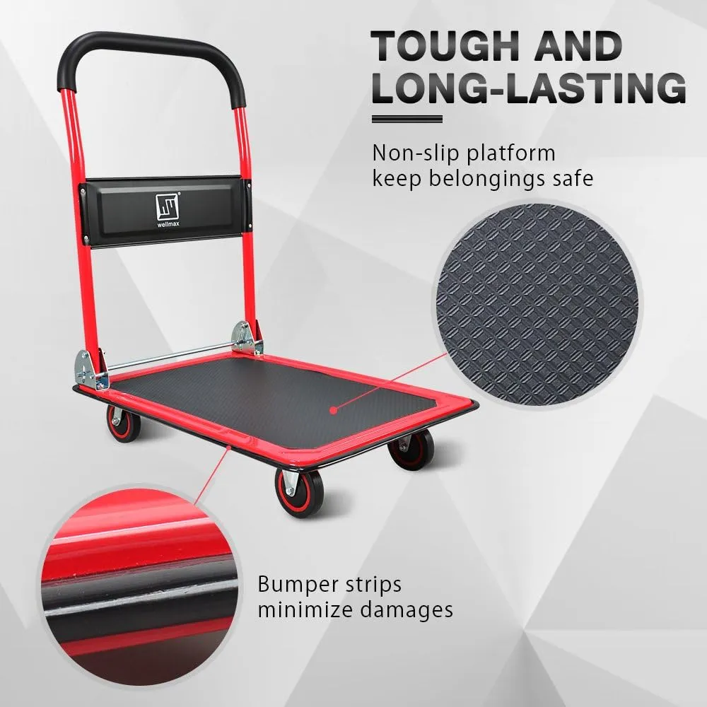 Push Cart Dolly by Wellmax, Moving Platform Hand Truck, Foldable for Easy Storage and 360 Degree Swivel Wheels with 330lb Weight Capacity, Red Color